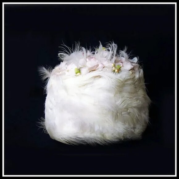 Vintage Hat + HATBOX Spring Toque White Feather Hat Pink Flowers 50s 1950s - Picture 4 of 15